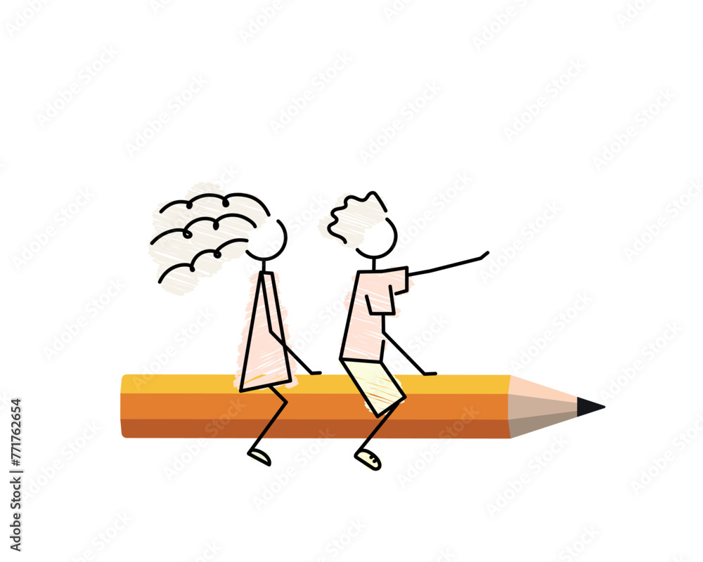 Sticker fly back to school, simple sketch, drawing clip-art, happy students flying on top of giant pencil, c