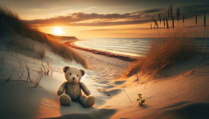 Nostalgic Teddy Bear on Sandy Beach Dunes at Sunset - obrazy, fototapety, plakaty