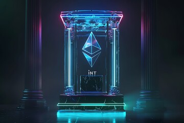Dark background with a column and a luminous ethereum sign and the inscription nft in a glass showcase. cryptocurrency concept. 3d - obrazy, fototapety, plakaty