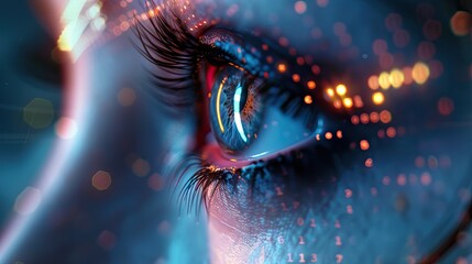 Eye looks to the future business. Woman's eye in the double exposure of a modern city and technology. AI generated illustration