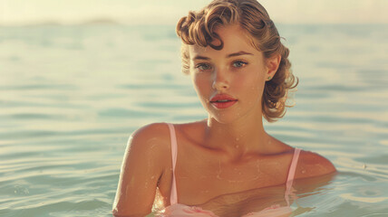 
Woman in vintage swimsuit stands in calm sea, retro style with modern twist. Soft, pastel colors, dreamy lighting.