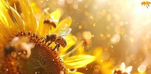 Close up Sunflowers and flying bee with mountains background. AI generated illustration