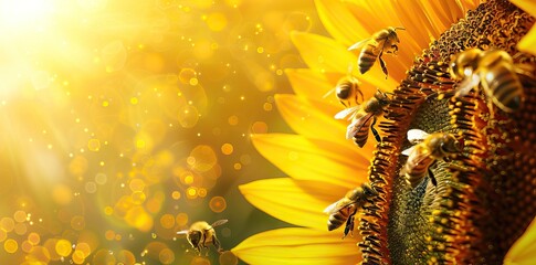 Close up Sunflowers and flying bee with mountains background. AI generated illustration