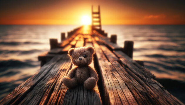 Weathered Teddy Bear with Missing Eye on an Old Pier at Sunset