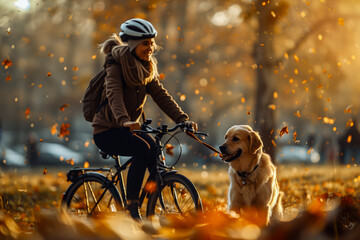 Person cycling in the park with a dog