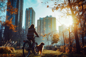person riding a bike in the park, with a dog