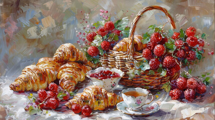 Obraz na płótnie Canvas A picture of red raspberries in a woven basket, steaming tea in a white mug, and buttery croissants on a plate