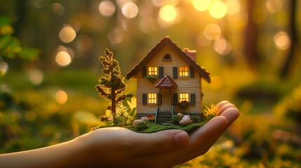 House model in hand, sunlight. Earth Protection Day. New home. Deposit to protect your home.