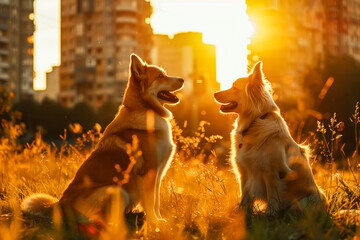 Dogs in the park at the sunset