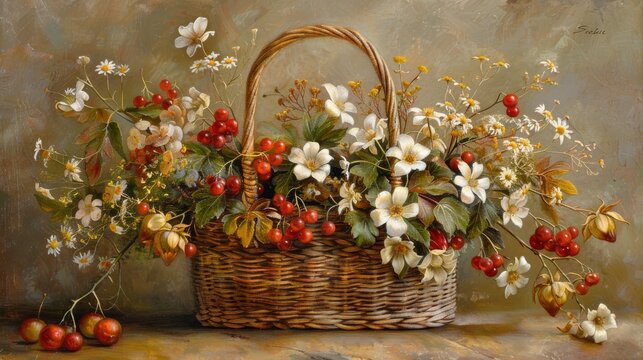  A painting depicts a woven basket brimming with blooms & berries, beside cherries & strawberries