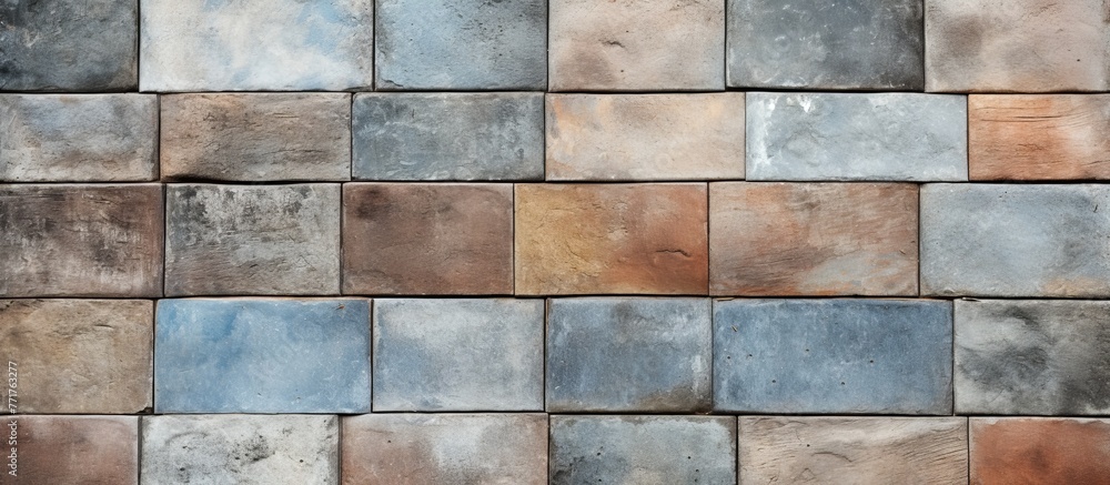 Poster a detailed closeup of a rectangular brick wall showcasing a variety of colors and textures, creating