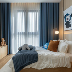 a kids bedroom adorned with sheers and curtains and minimalist Japandi furniture. with blue curtains drawn closed