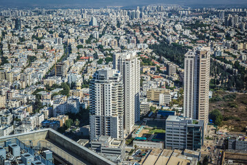 View from top floor of Azrieli Center Circular Tower on Tel Aviv and Ramat Gan cities, Israel - obrazy, fototapety, plakaty