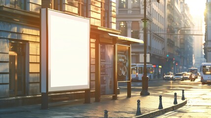 Capture the essence of urban advertising with this ultra-realistic depiction of a blank white billboard at a bus stop, nestled on a lively city street during the golden hour.