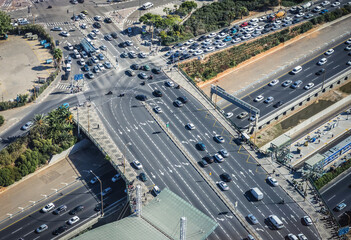 Shalom Bridge over Ayalon Highway seen from top floor of Azrieli Center Circular Tower in Tel Aviv, Israel