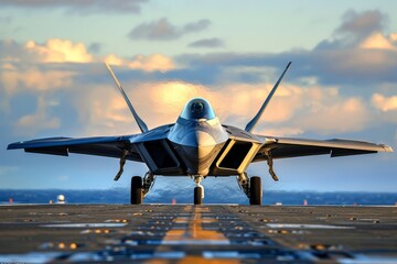 Low angle front view of an F-22 Raptor fighter jet accelerating during takeoff on an aircraft carrier runway. The military plane is sent on combat duty in offshore waters. - obrazy, fototapety, plakaty