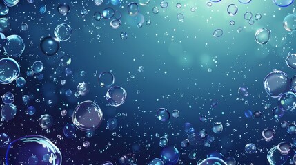  Many blue bubbles float in the air with a bright white center, forming an image on a light blue background