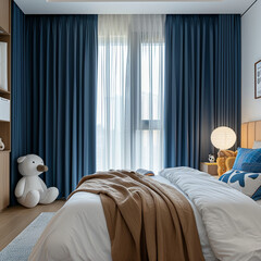 a kids bedroom adorned with sheers and curtains and minimalist Japandi furniture. with blue curtains drawn closed