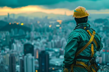 Back view of construction worker standing on the roof of high-rise building. Industrial climber in safety gear and helmet observing the modern city, enjoying stunning view.