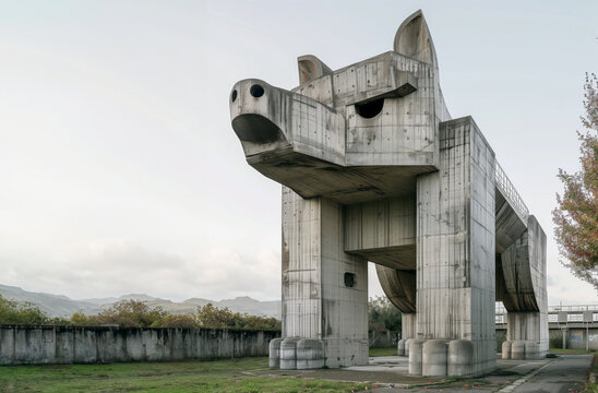 Old brutalist architecture in the shape of a dog. Abstract archtecture