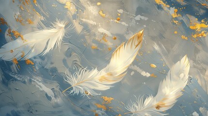 Embrace the timeless allure of this vintage illustration, where delicate feathers float gracefully atop a mesmerizing background of blue and gold brushstrokes. - obrazy, fototapety, plakaty