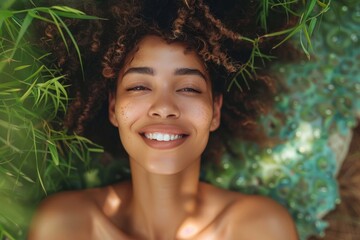 Close-up portrait of a young African American woman relaxing in a tropical garden on beautiful morning. Charming sexy girl enjoys her summer vacation with her eyes closed and sensual smile. - obrazy, fototapety, plakaty