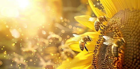 Poster Close-up of a bee collecting honey from a blooming yellow sunflower. Preparation of natural honey. Sunflower and bee as a symbol of summer, health. AI generated illustration © Or