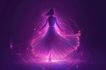 Stunning full length portrait of a beautiful girl in luxurious evening dress in magical ultraviolet neon light. Fairytale princess in a ball gown. Beauty and fashion. - obrazy, fototapety, plakaty