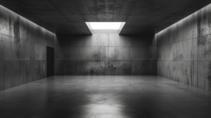 Empty, concrete, underground large dark room with a black door and natural light streaming through a ceiling opening. Futuristic, grunge industrial hall or  asylum interior background with copy space  - obrazy, fototapety, plakaty
