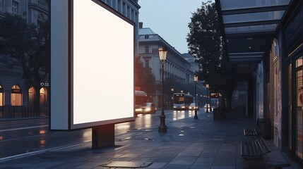 Envision a serene twilight setting where a blank white billboard at a bus stop becomes the focal point of a softly lit city street.
