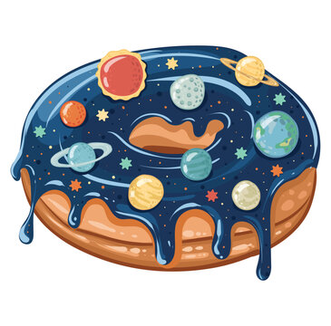 Space donut with planets and galaxy icing. Conceptual picture about space and food. Vector image for postcard, painting, t-shirt and textile.
