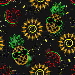 Summer seamless pattern with icons of pineapple, watermelon, sun icon, splattered paint. Bright glowing neon colors. Outline, contour illustrations.