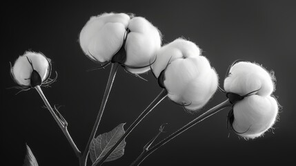  A black-and-white photograph of a group of cotton flowers
