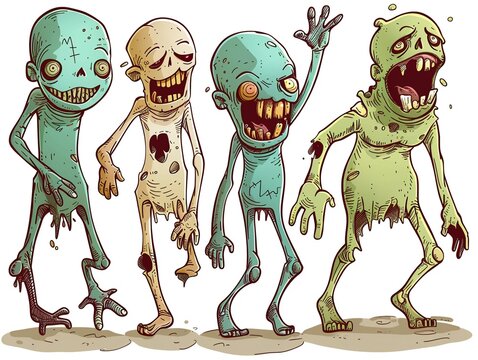 Join the playful undead with this cartoon illustration of zombie body parts, including a smiling arm, a highfiving hand, a dancing leg, and a tiptoeing foot, all rendered in a charming minimalist styl