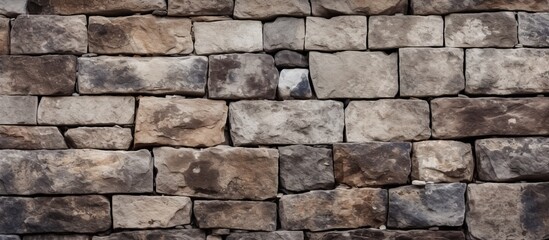 Fototapeta premium An upclose view of a brick wall constructed with rectangular bricks. The pattern creates a solid structure made of building material and composite stone