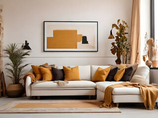 Boho interior design of modern living room, home. White corner sofa with dark mustard pillows against wall with two posters.
