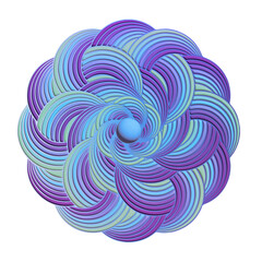 3D Round pattern on a white background. A geometric abstraction of twisting, intertwining lines in a violet and turquoise color scheme.