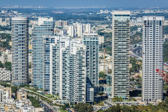 View from top floor of Azrieli Center Circular Tower in Tel Aviv, view with Park Tzameret buildings, Israel