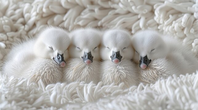  Three little white birds perched on fluffy white blanket atop bed