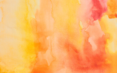 Ink watercolor hand drawn flow stain painting blot on wet paper texture background. Orange, Yellow...