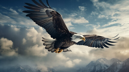 Bald eagle taking flight in front of an American flag clouds sky. Banner wide format. - obrazy, fototapety, plakaty