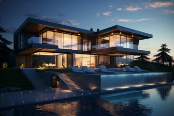 Fototapeta premium Comfortable Modern sunny house. With green grass. Generate Ai