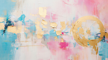 Closeup of abstract rough pastell pink blue white and golden art painting in geometric shapes, with...