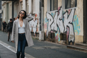 A stylish young woman poses confidently outdoors on an urban street, with artistic graffiti as a backdrop, embodying contemporary fashion.