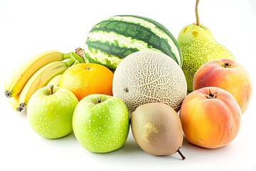 Fresh fruits isolated on a white background. Apples, bananas, melon, pears, and peaches are...