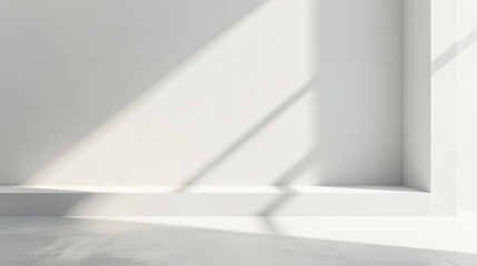 Fond blanc abstrait avec ombres et lumières, salle vide pour présentation de produits dans un...