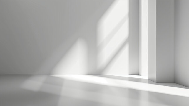 Fond blanc abstrait avec ombres et lumières, salle vide pour présentation de produits dans un style minimaliste. Scène de maquette vectorielle pour la publicité ou la présentation d'un emballage.