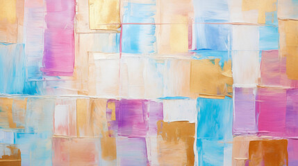 Closeup of abstract rough pastell pink blue white purple and golden art painting in geometric...