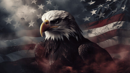 Black banner with american eagle and USA flag in smoke. - obrazy, fototapety, plakaty