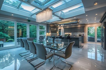 glass and chrome metal dining table, gray leatherette chairs, statement tile flooring, glass pave skylights and designer ceiling lights